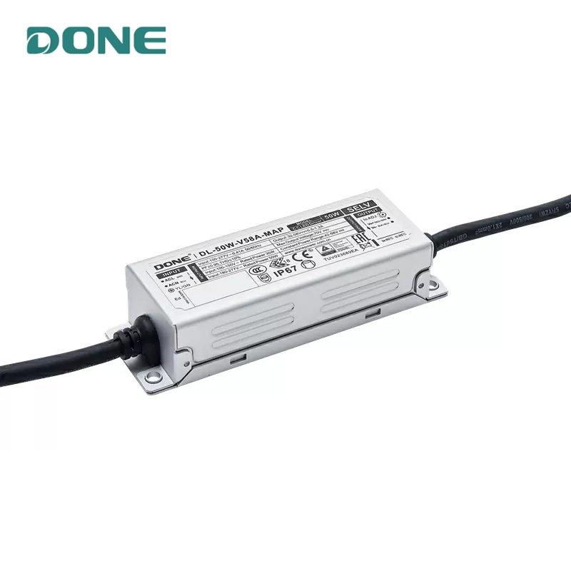 Front view of DONE DL-50W-V58A-MAP LED Driver showcasing the input and output connections.