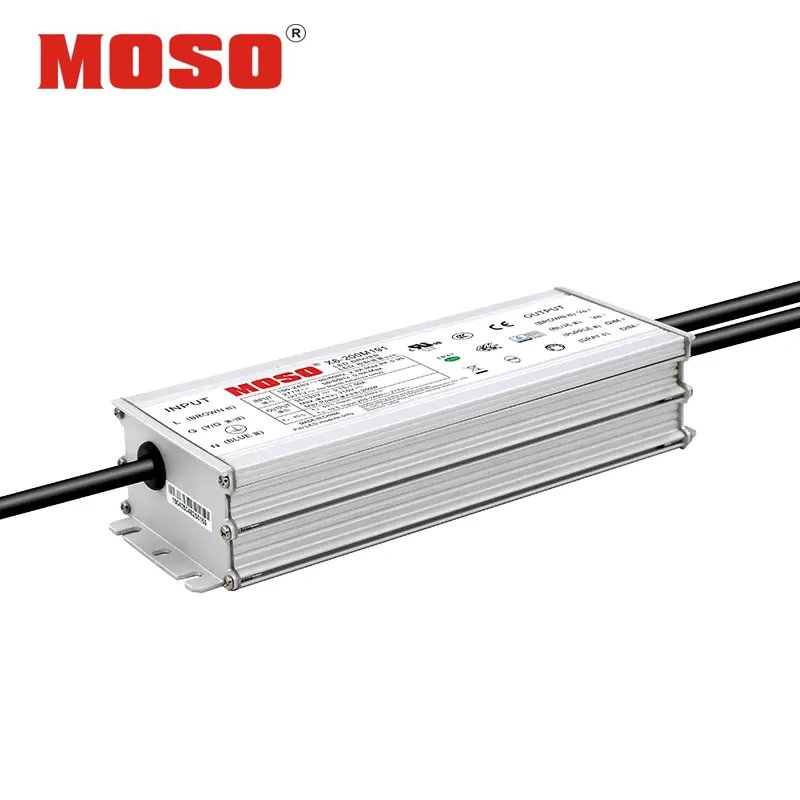 Front view of the MOSO X6-200M191 200W LED driver with a robust waterproof casing and clearly labeled specifications.