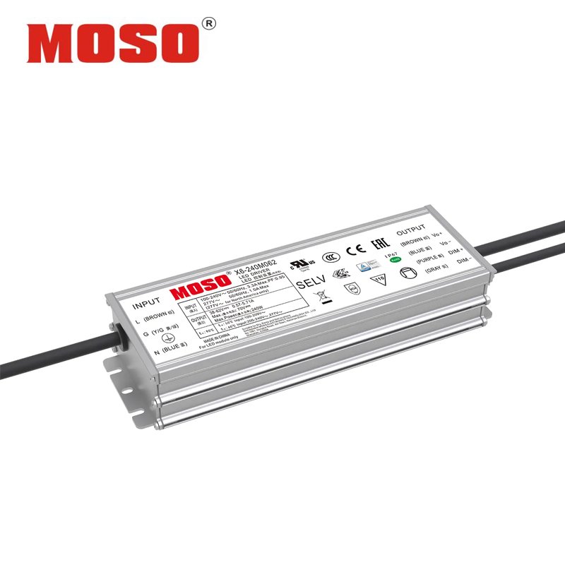 X6-240M062, a 240W outdoor-rated off-line programmable LED driver by MOSO, featuring universal input voltage (90~305Vac), dimming options (0-10V, PWM, Timer), IP67-rated waterproof design, and surge protection (5KV line-line, 10KV line-earth). Suitable for LED roadway, industrial, and plant lighting applications. Supports constant current with programmable output and built-in timer dimming for energy savings. Compact, reliable, with 5-year warranty and protection against SCP, OVP, and OTP.